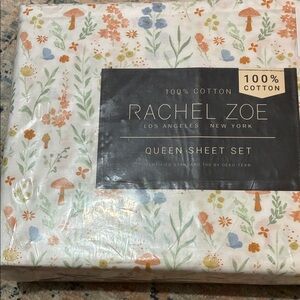 NWT - Rachel Zoe Floral & Mushroom Queen Sheet Set in White, Orange, Green, Blue